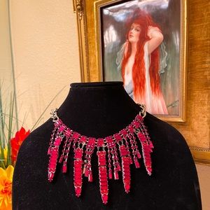 SIGNED Steve Madden Silver Tone Red Rhinestone Sexy Holiday Bib Necklace